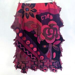 Y2K Pink Embroidered Wool Scarf Boho Floral Abstract Fringed Wrap Shawl